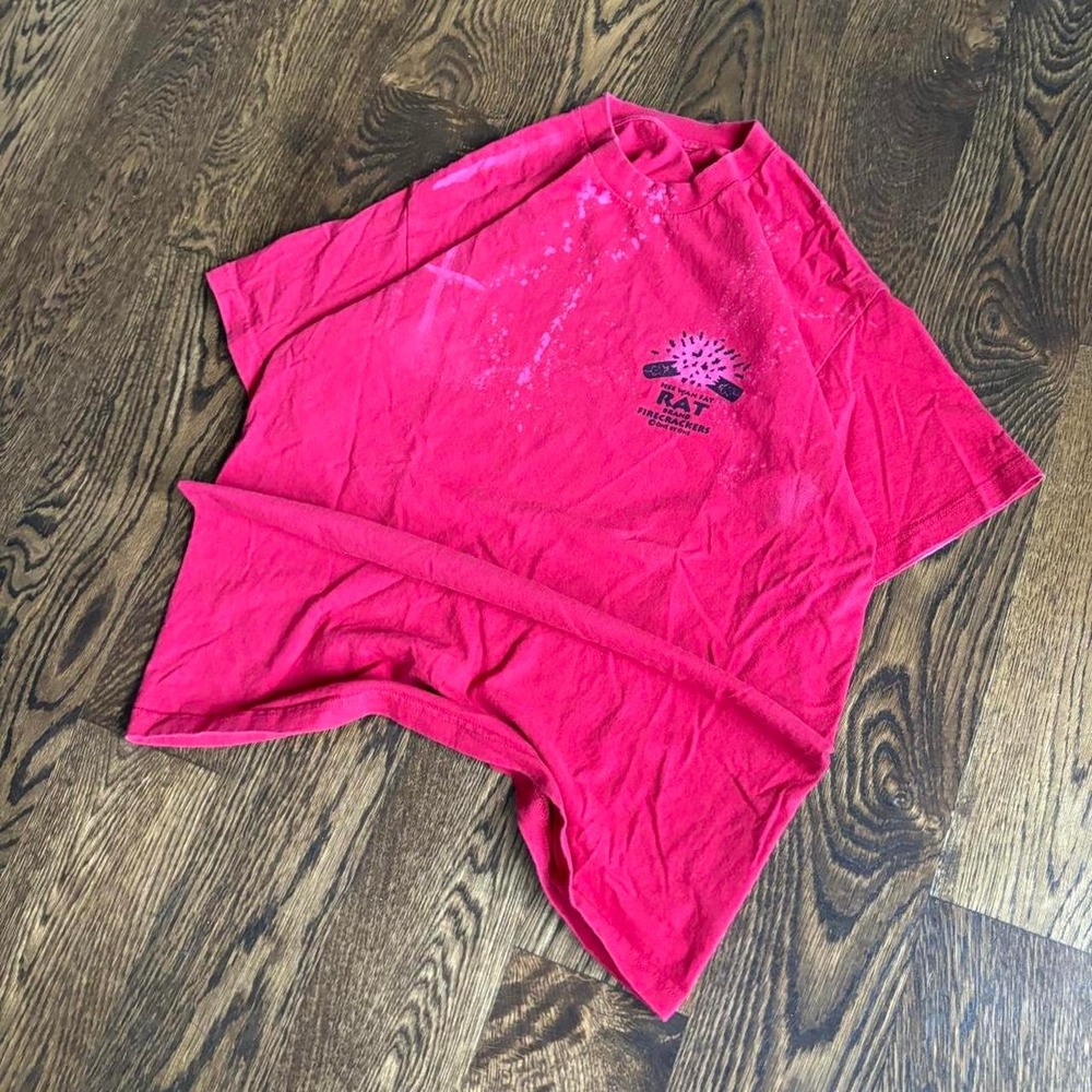 Y2K 2000s Hee Wan Fat Rat Firecrackers Distressed Custom Bleach Red Tee M
